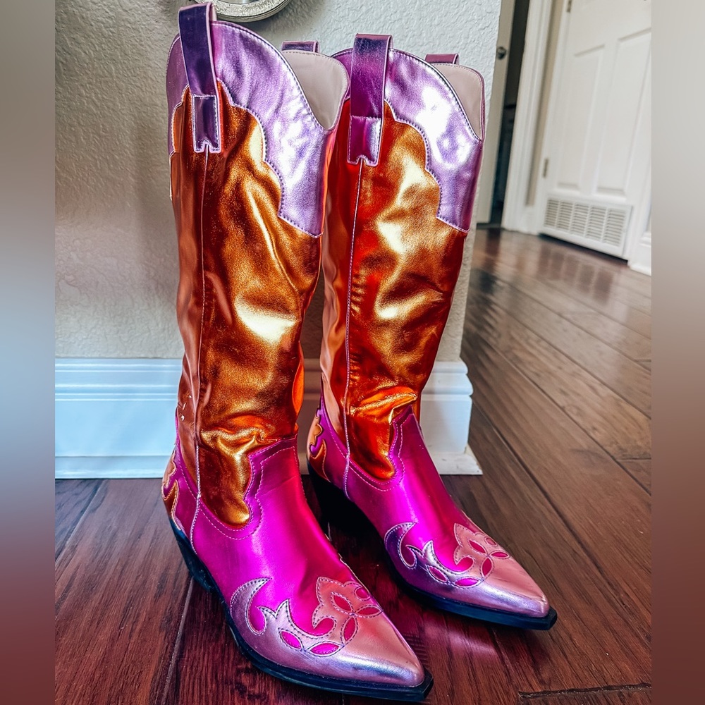 Metallic pink and orange cowgirl cowboy boots